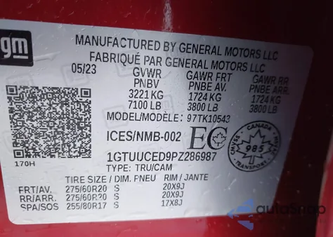 2023 GMC Sierra 1500 4Wd Short Box Elevation With 3Sb/4Wd Standard Box Elevation from USA, damaged, VIN 1GTUUCED9PZ286987